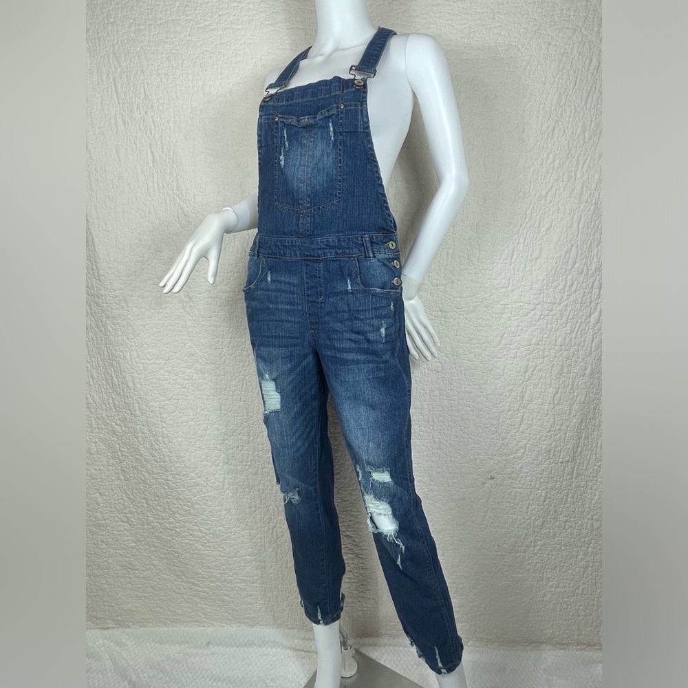 🔥Almoat Famous Distressed Jean Overalls Mid Wash Denim Women Size 7